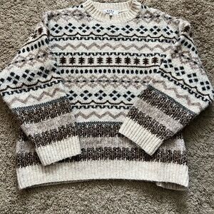 Cozy Cream and Brown Patterned Crewneck Sweater